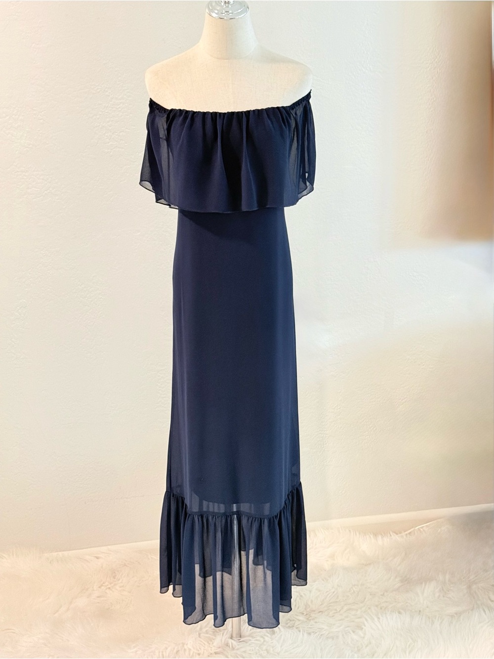 NWT After‎ Market NWT Navy Blue Off-Shoulder Chiffon Maxi Dress S Boho Romantic